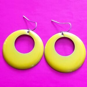 Yellow enamel hoop earrings silver tone